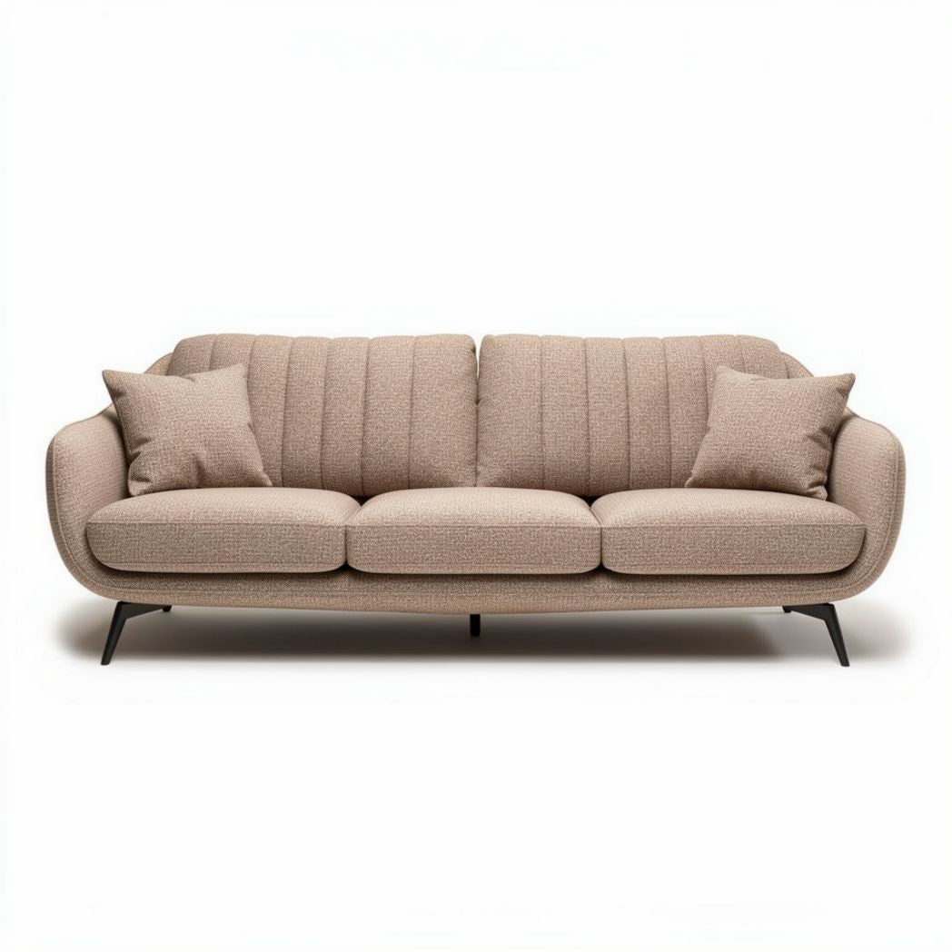 Modern fabric sofa with two accent pillows in beige color 210 x 90 x 85cm