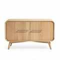 Natural wood console table with ribbed design and two doors 90 x 40 x 70cm