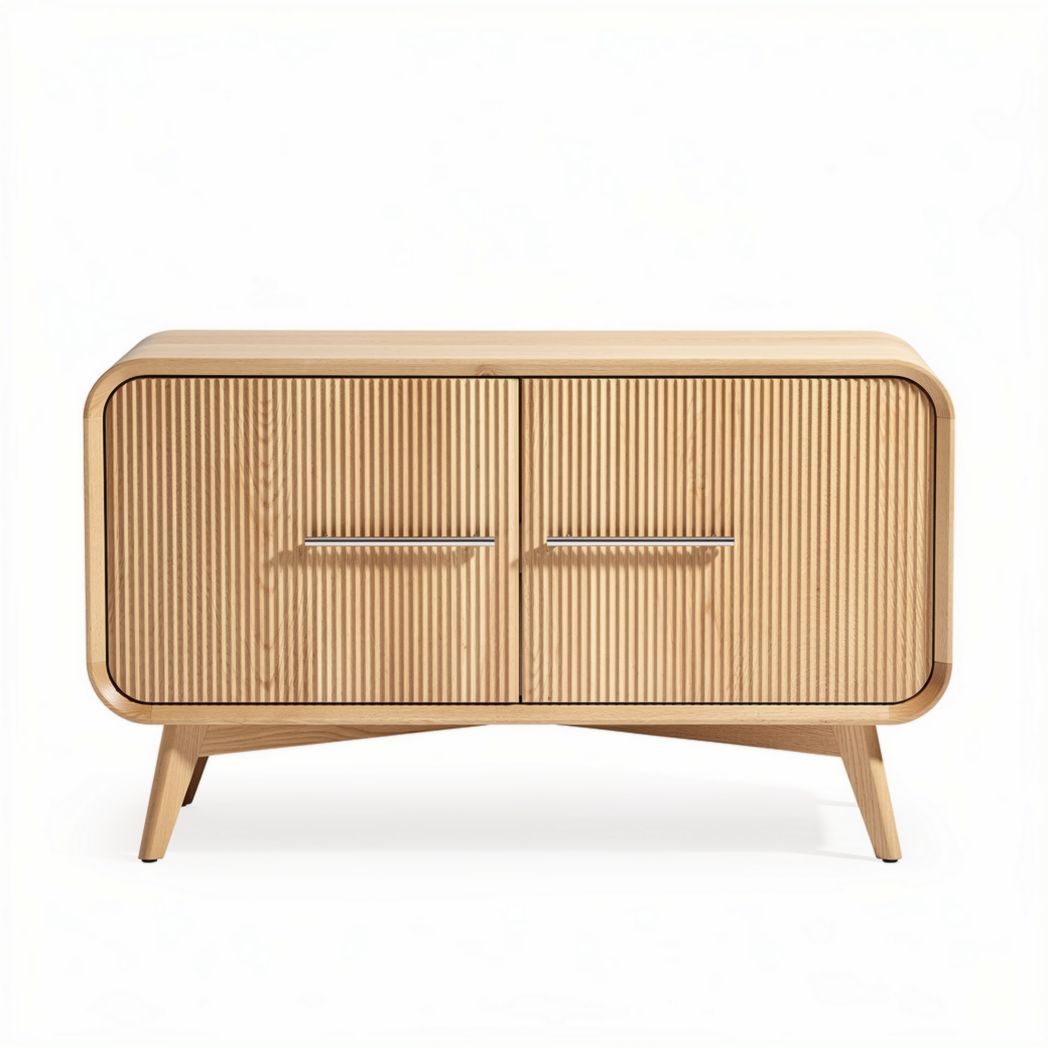 Natural wood console table with ribbed design and two doors 90 x 40 x 70cm