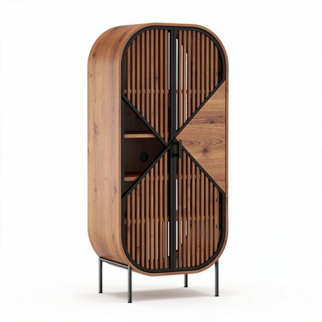 Wooden cabinet with slatted doors for living room storage 180 x 80 x 40cm