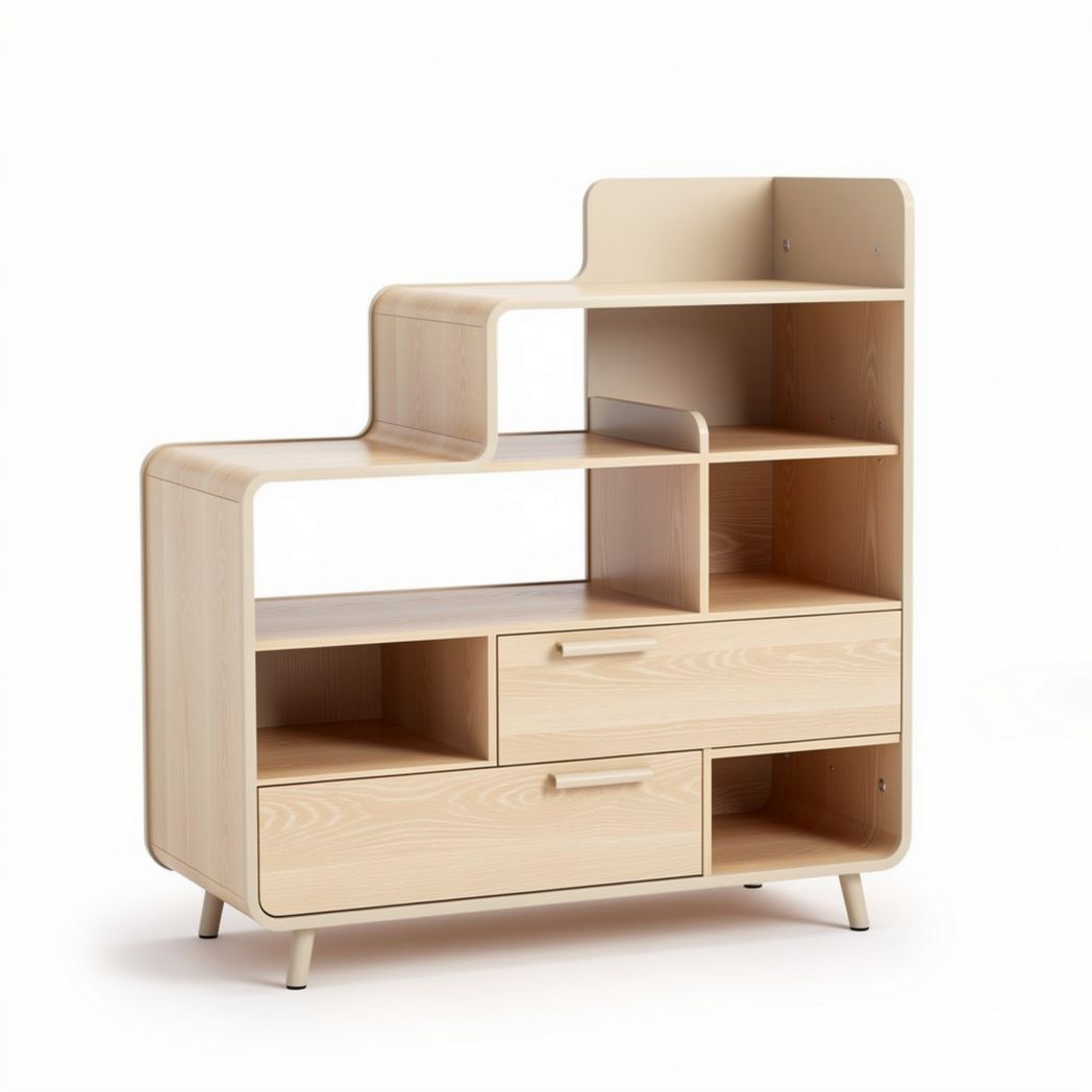 Wooden storage cabinet with open shelves and two drawers 80 x 30 x 100cm
