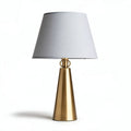Modern tabletop lamp with gold metal base and white fabric shade 25 x 25 x 45cm