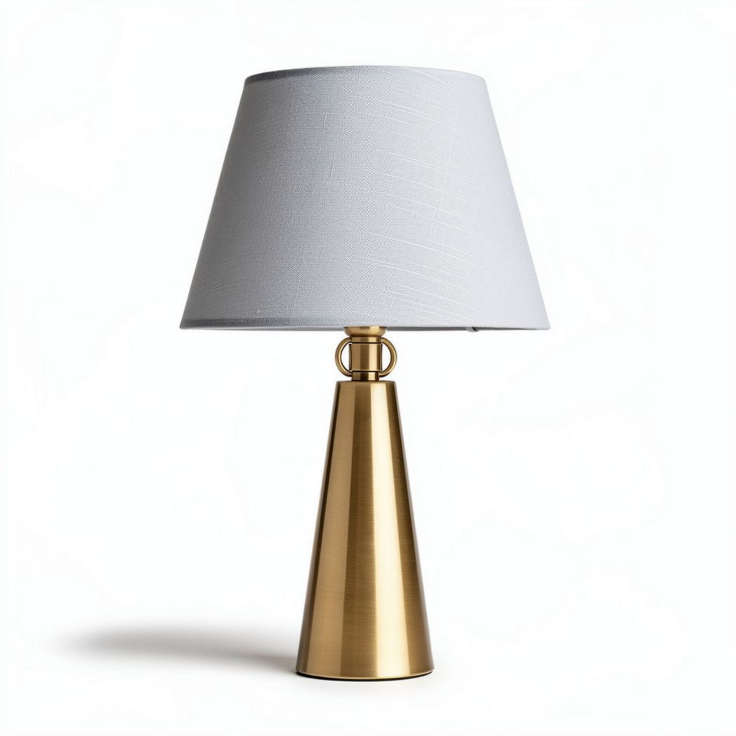 Modern tabletop lamp with gold metal base and white fabric shade 25 x 25 x 45cm
