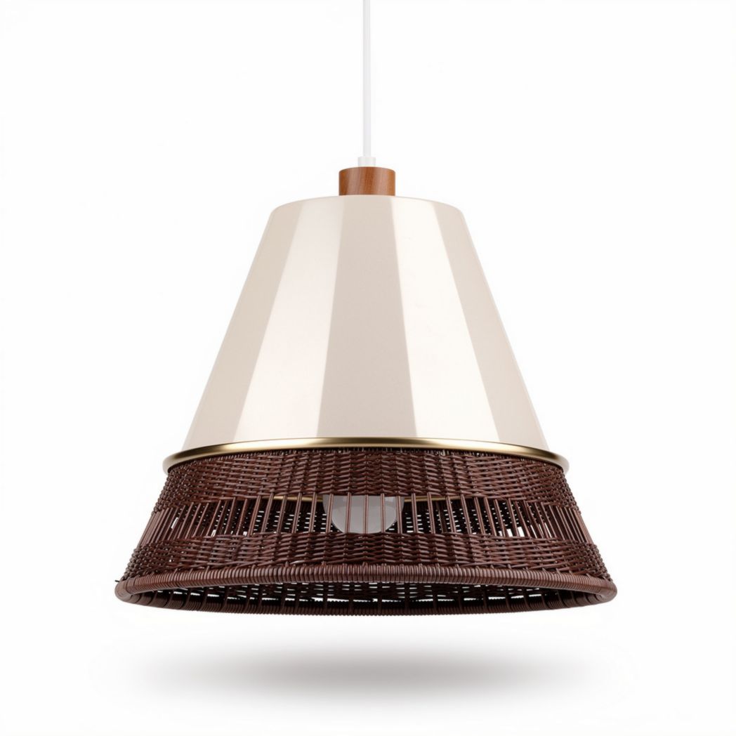 Woven rattan and metal pendant light fixture in cream and brown 25 x 25 x 30cm