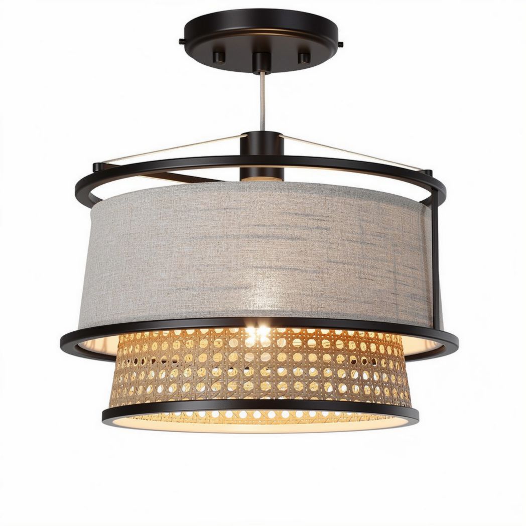 Modern pendant light fixture with linen shade and metal accents 30 x 30 x 25cm