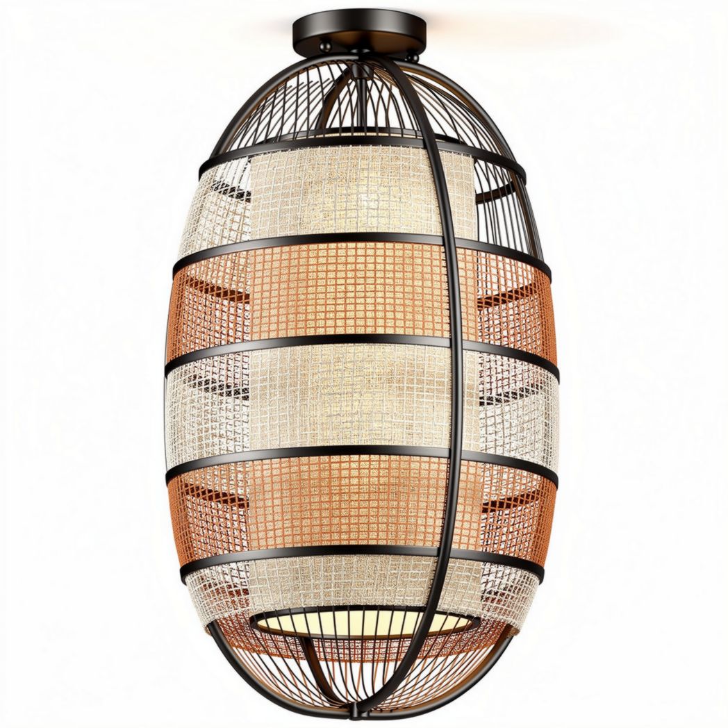 Metal wire pendant lamp with woven fabric shade and 40 x 40 x 90cm size
