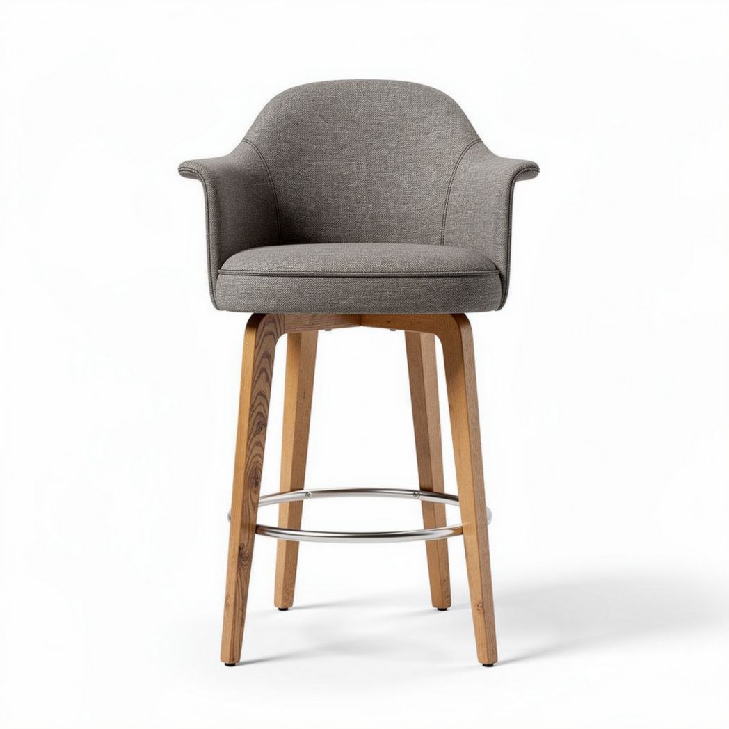Fabric upholstered bar stool with wooden legs and armrests in gray color