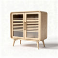 Wooden storage cabinet with glass doors and slatted design 90 x 45 x 80cm