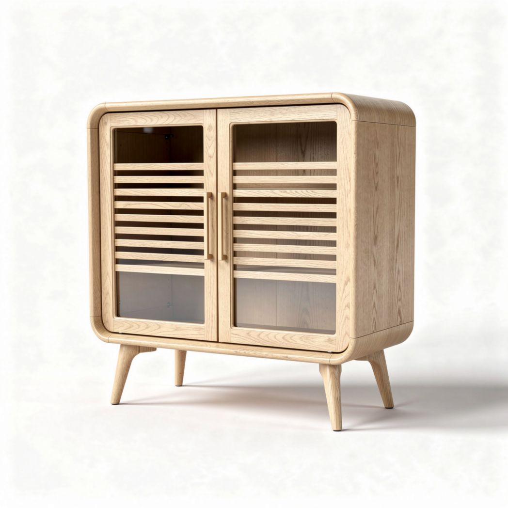 Wooden storage cabinet with glass doors and slatted design 90 x 45 x 80cm
