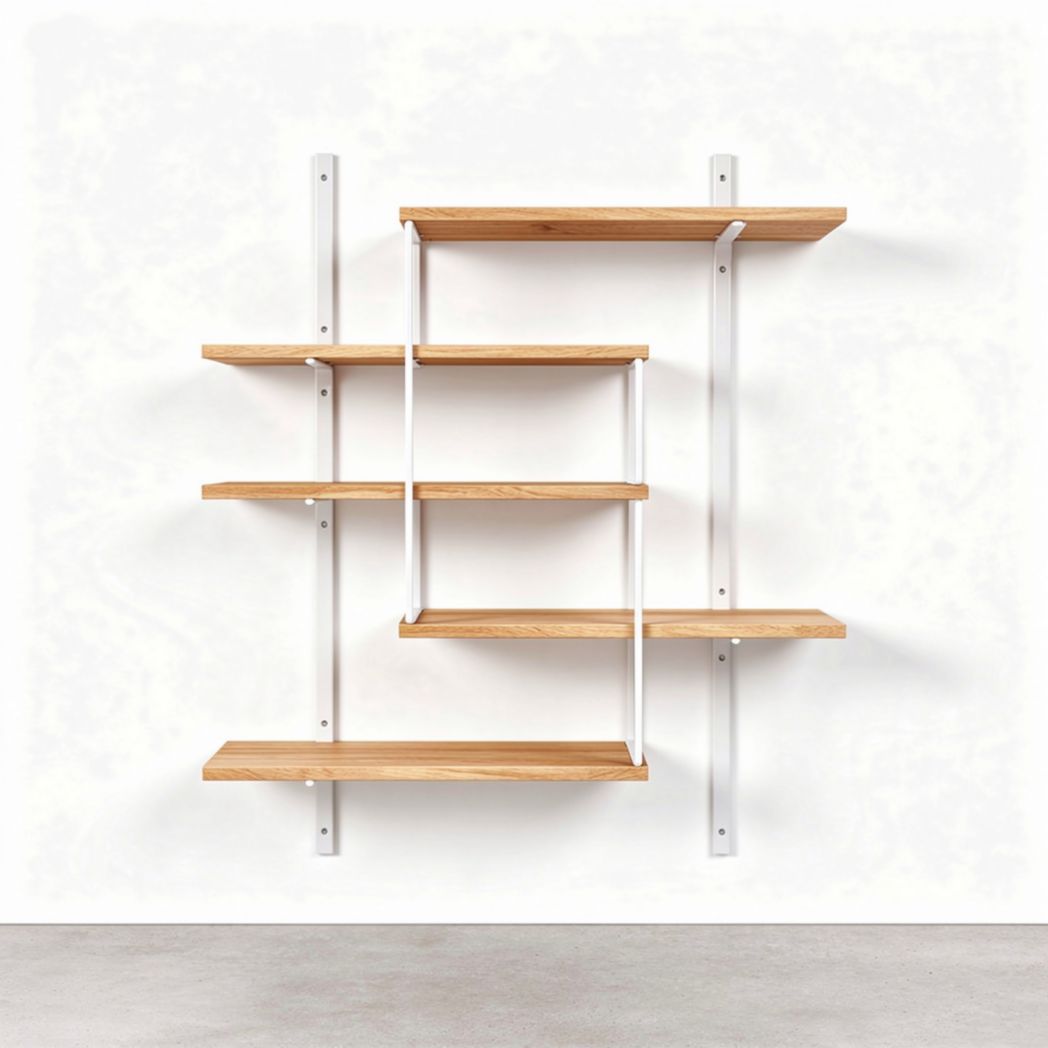 Wall-mounted shelving unit with wooden shelves and metal brackets 150 x 150 x 30cm