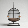 Hanging egg chair with metal frame and cushion for indoor outdoor use