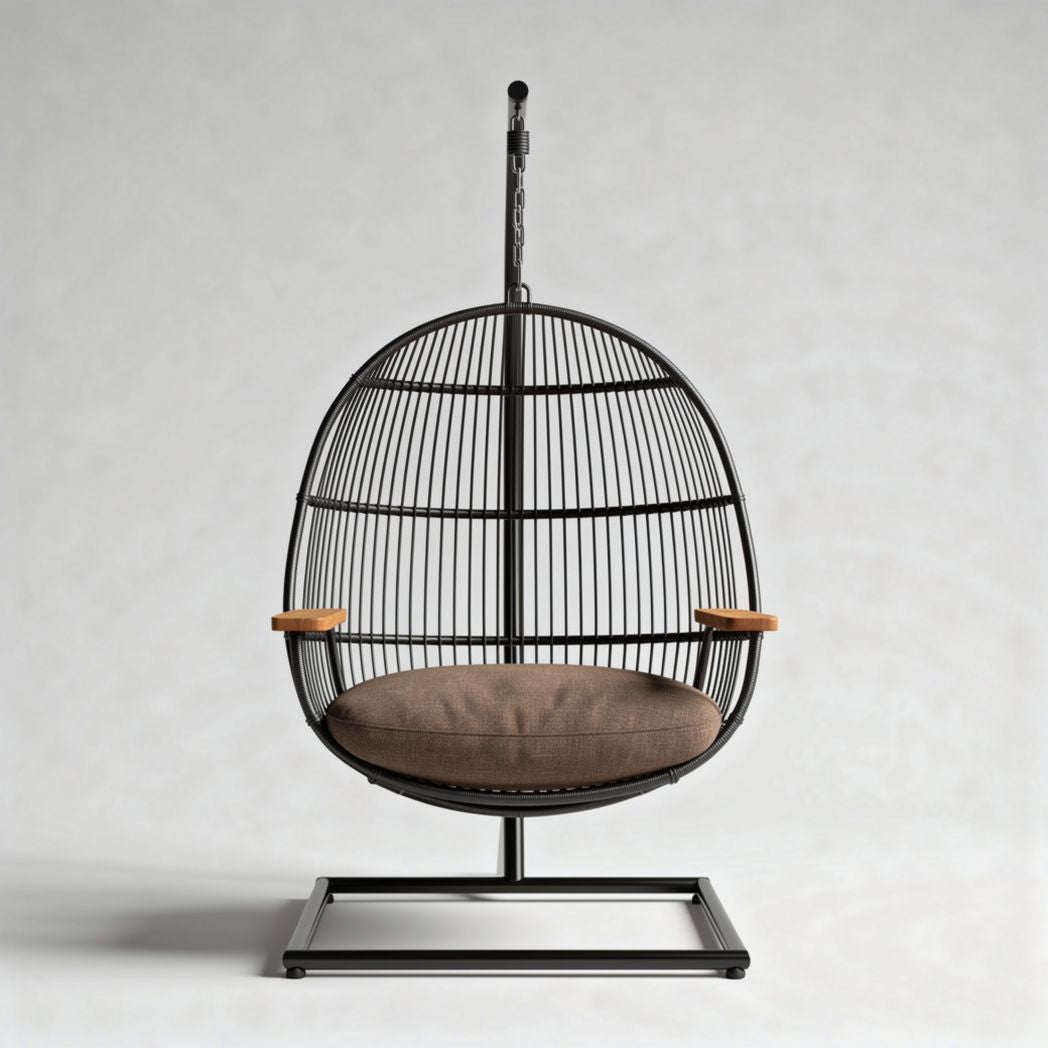 Hanging egg chair with metal frame and cushion for indoor outdoor use