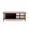 Wooden coffee table with open storage shelves and black metal frame 120 x 60 x 40cm